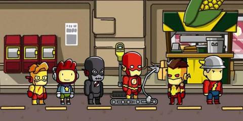 Maxwell with the many versions of the Flash in Scribblenauts Unmasked: A DC Comics Adventure