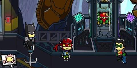 Maxwell with Batman and Robin in the Batcave in Scribblenauts Unmasked: A DC Comics Adventure