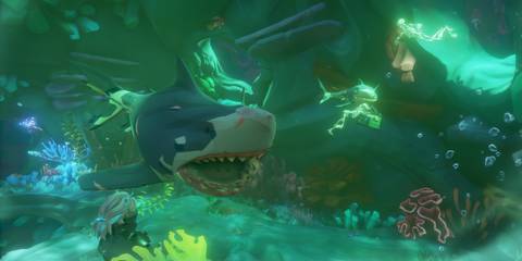 Two sharks guarding treasure underwater in Sea Of Thieves