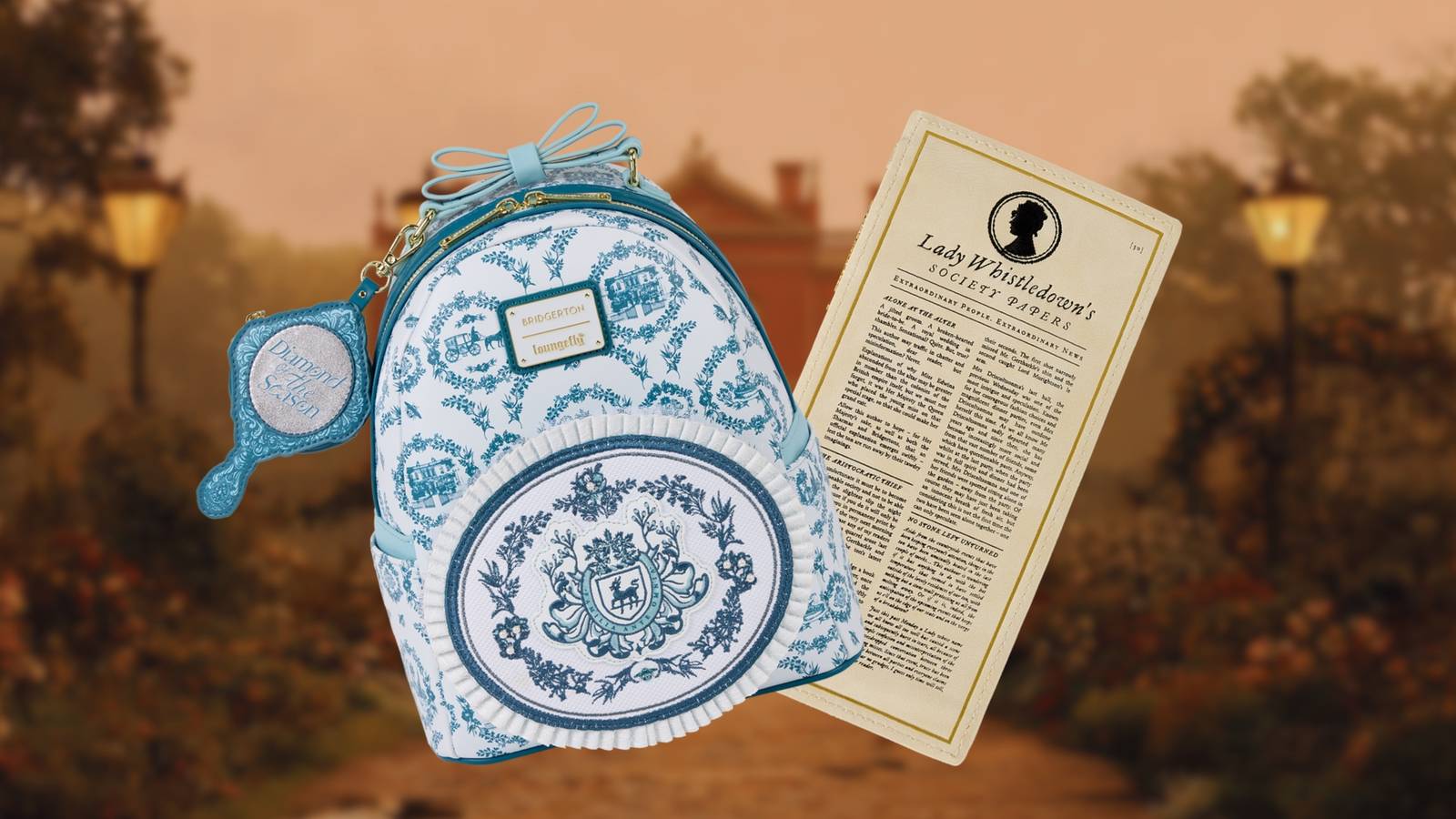 Image of the Bridgerton X Loungefly merch on an old house. 