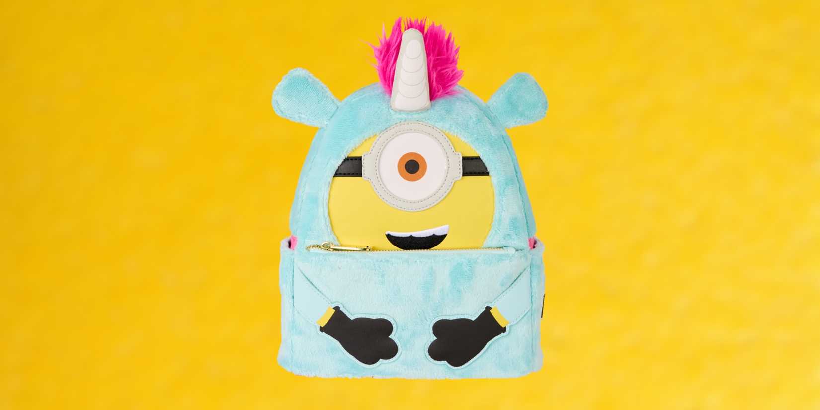 Image of the minions backpack on a yellow background.