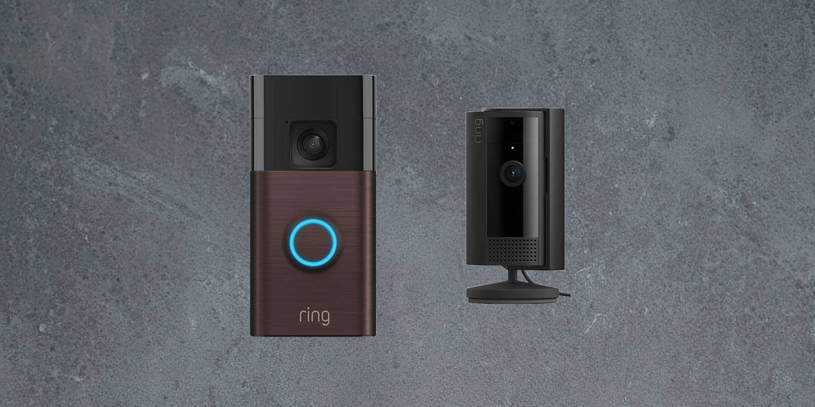 Image of the ring battery doorbell and indoor cam on a neutral grey background.