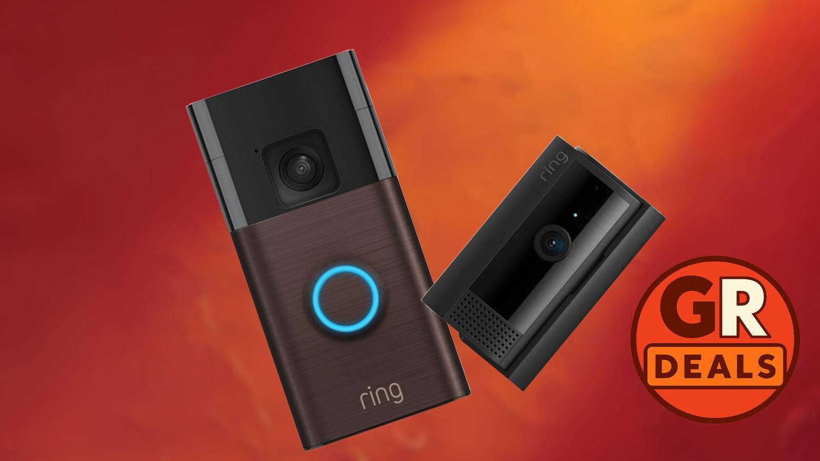 Image of rIng video doorbell on an orange background.