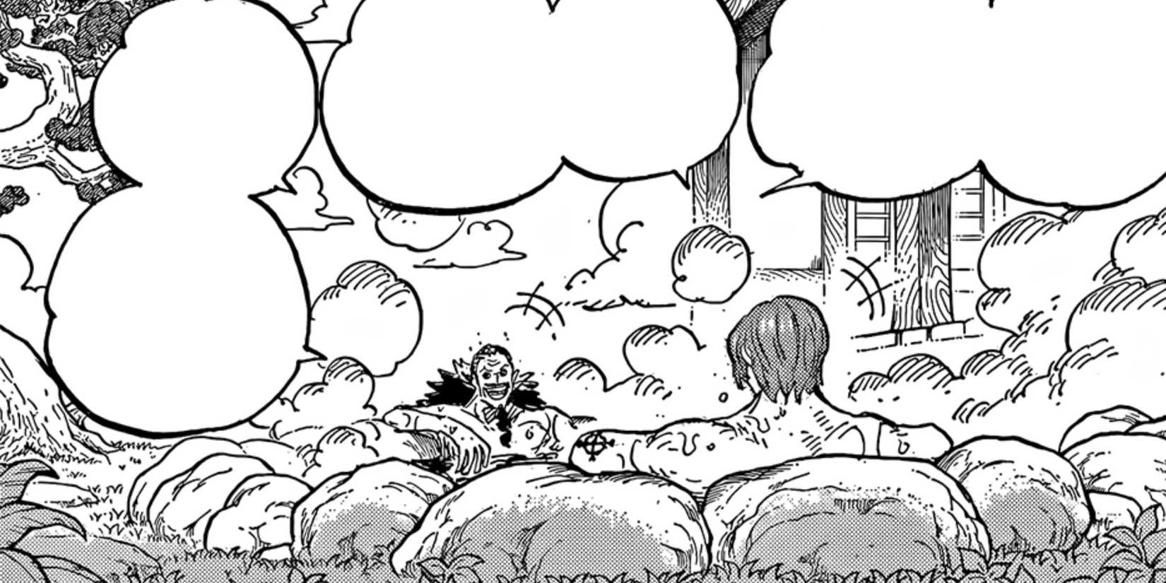 Shanks talking to Gaban in a flashback, with an Abyss Mark in his left arm - One Piece