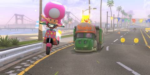 Shell Cup Mario Kart World Toadette and Yoshi's truck in Crown City