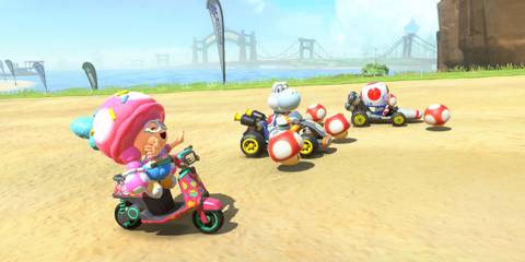 Shell Cup Mario Kart World Toadette and Yoshi with the bridge to Crown City