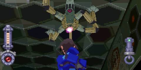 Shooting an enemy in Mega Man Legends