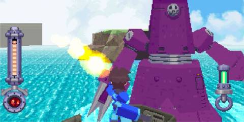 Shooting at a boss in Mega Man Legends