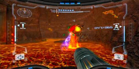 Shooting at a fire worm in Metroid Prime