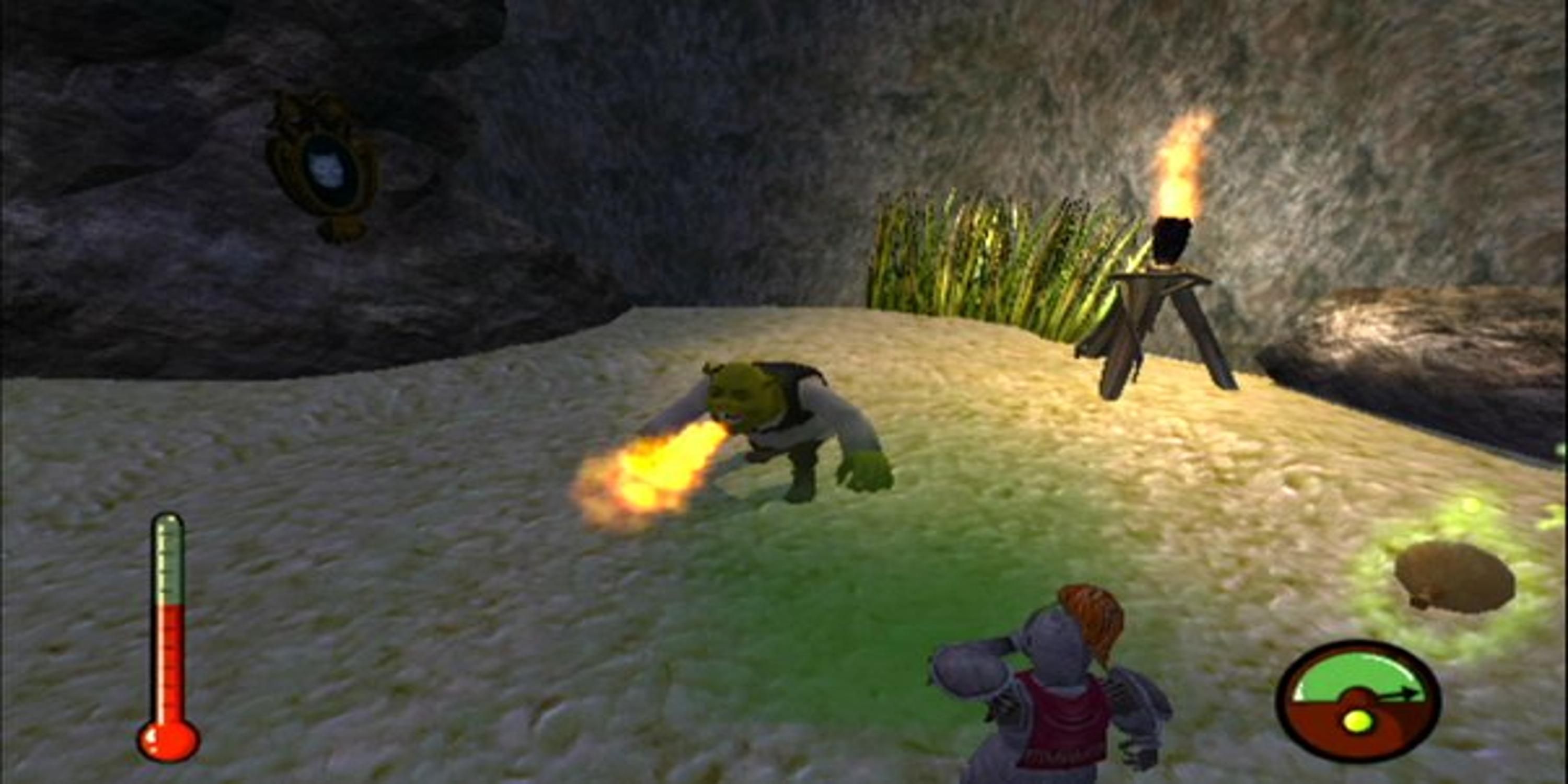 Shrek breathing fire in Shrek Extra Large