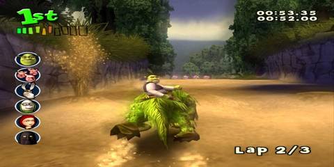Shrek in first place in Shrek Smash n Crash Racing