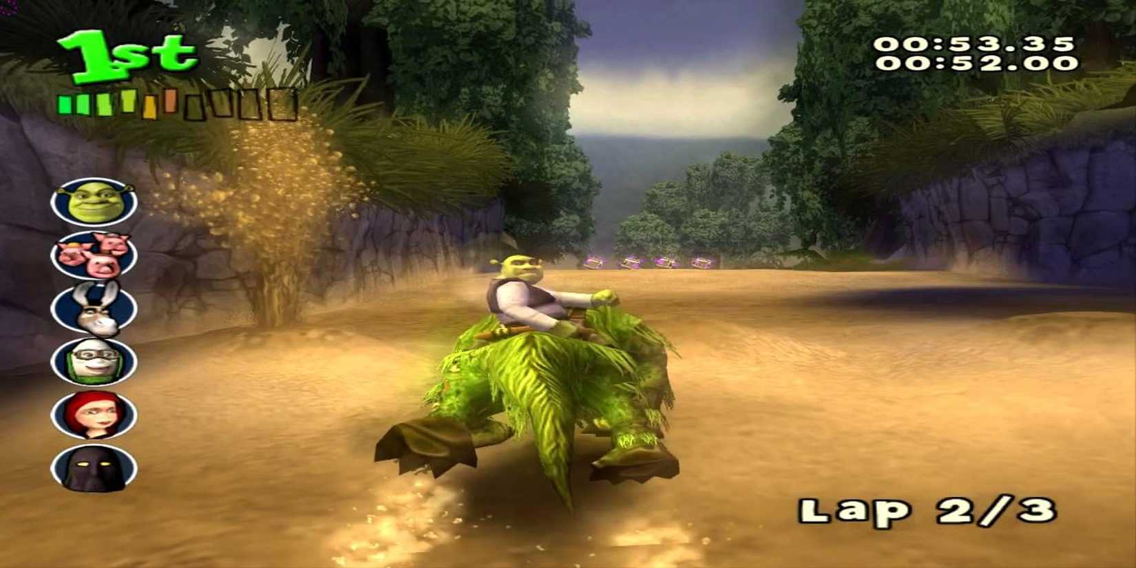 Shrek in first place in Shrek Smash n Crash Racing