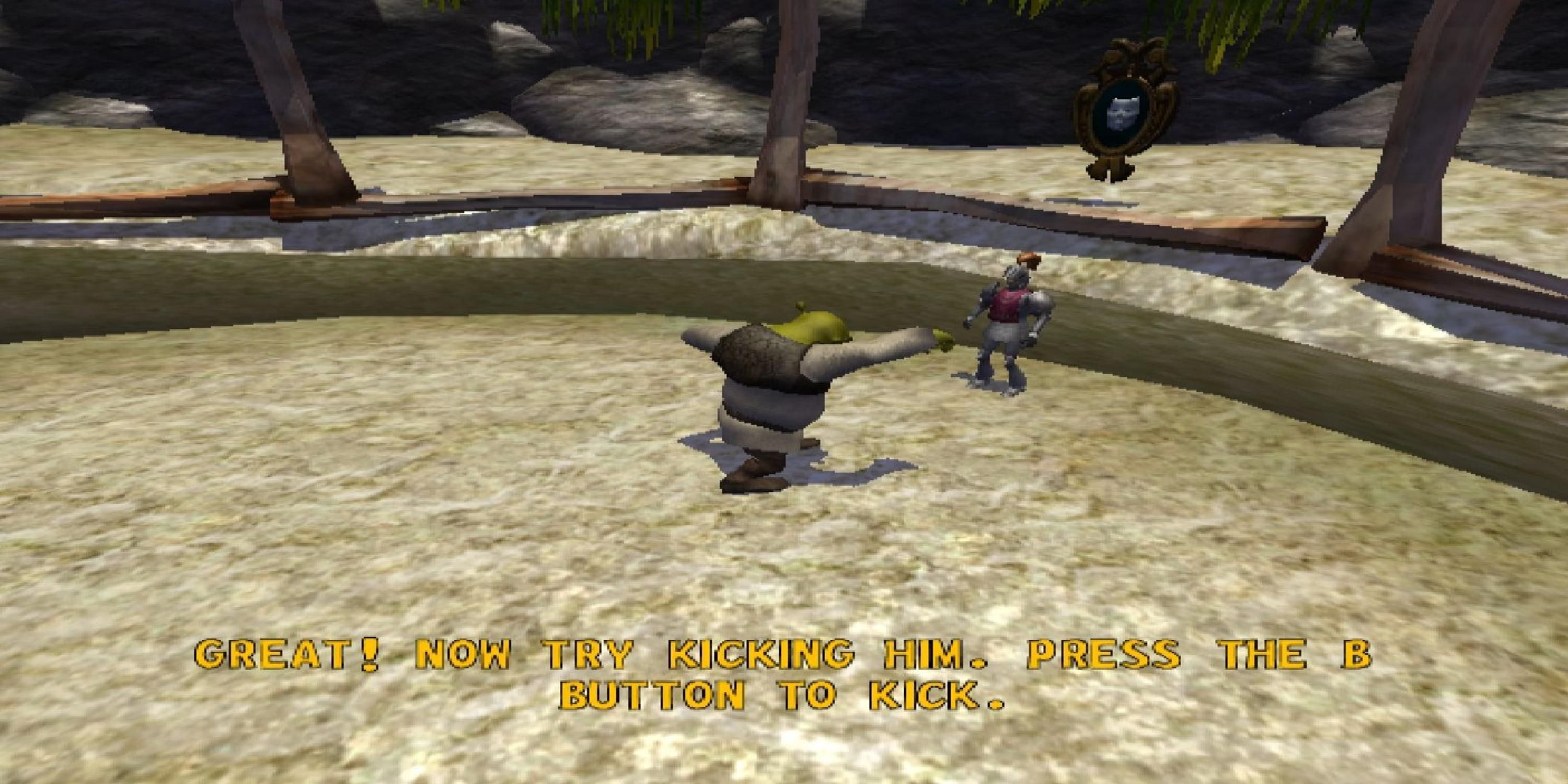 Shrek talking to a character in Shrek Extra Large