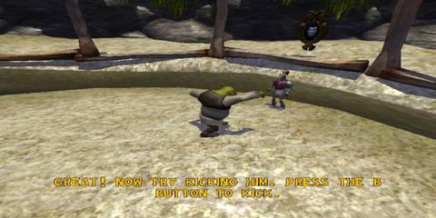 Shrek talking to a character in Shrek Extra Large