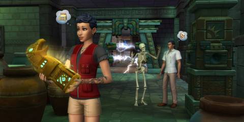 Sim in jungle adventure inspecting an artefact 