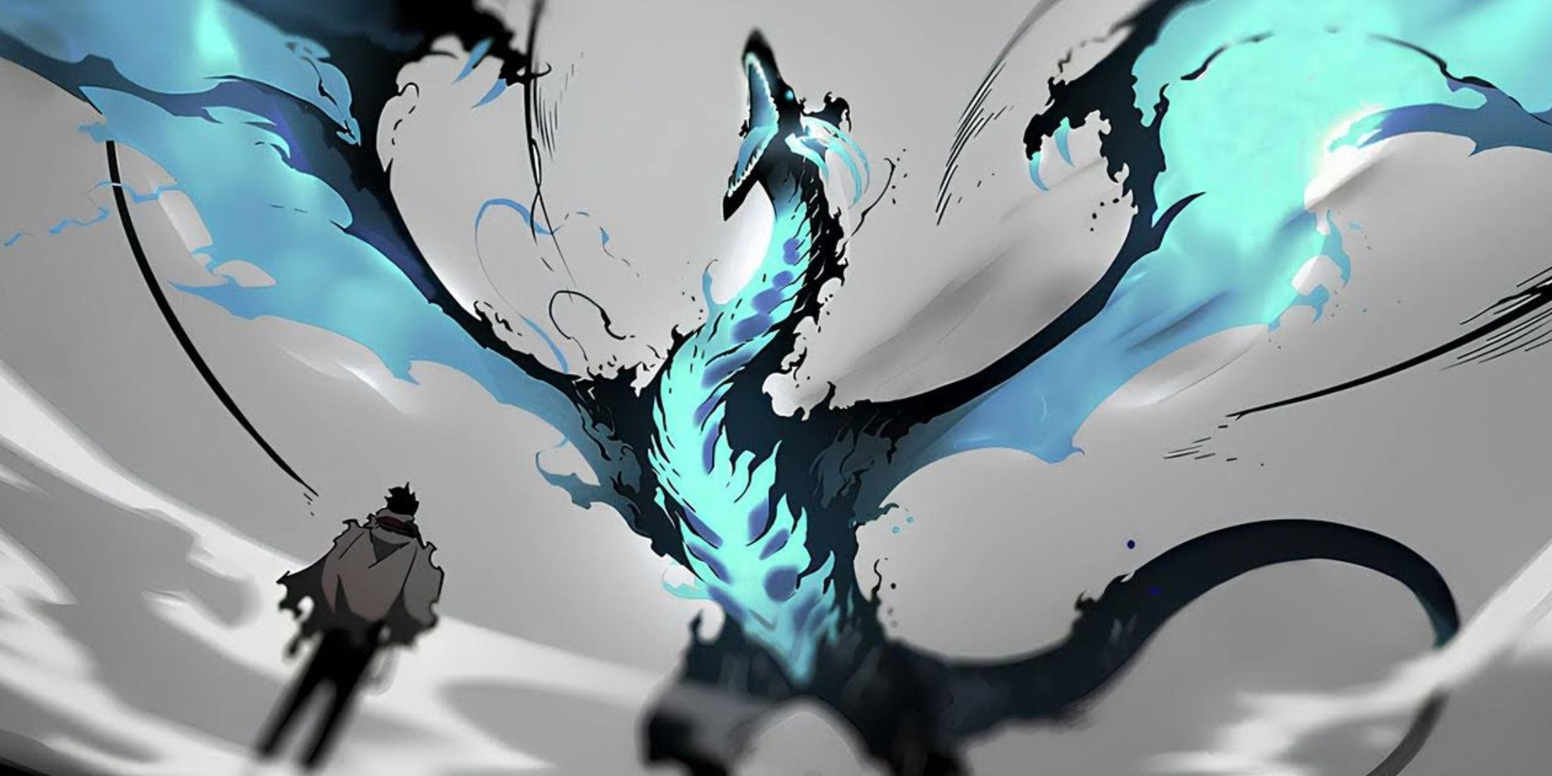 A screenshot of Kaisel and Jinwoo in the original Solo Leveling manwha.