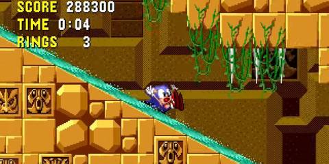 Sonic slipping down a waterfall in Sonic The Hedgehog