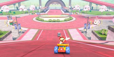 Special Cup Mario Kart World Mario at the plaza near Peach Stadium
