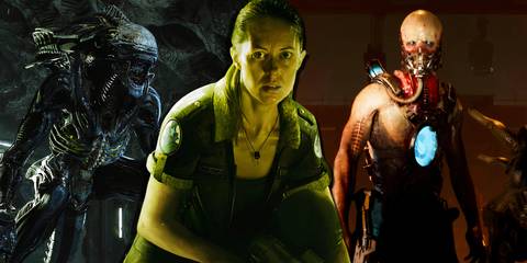 Split image of Aliens Fireteam Elite, Alien Isolation, and Aliens Dark Descent