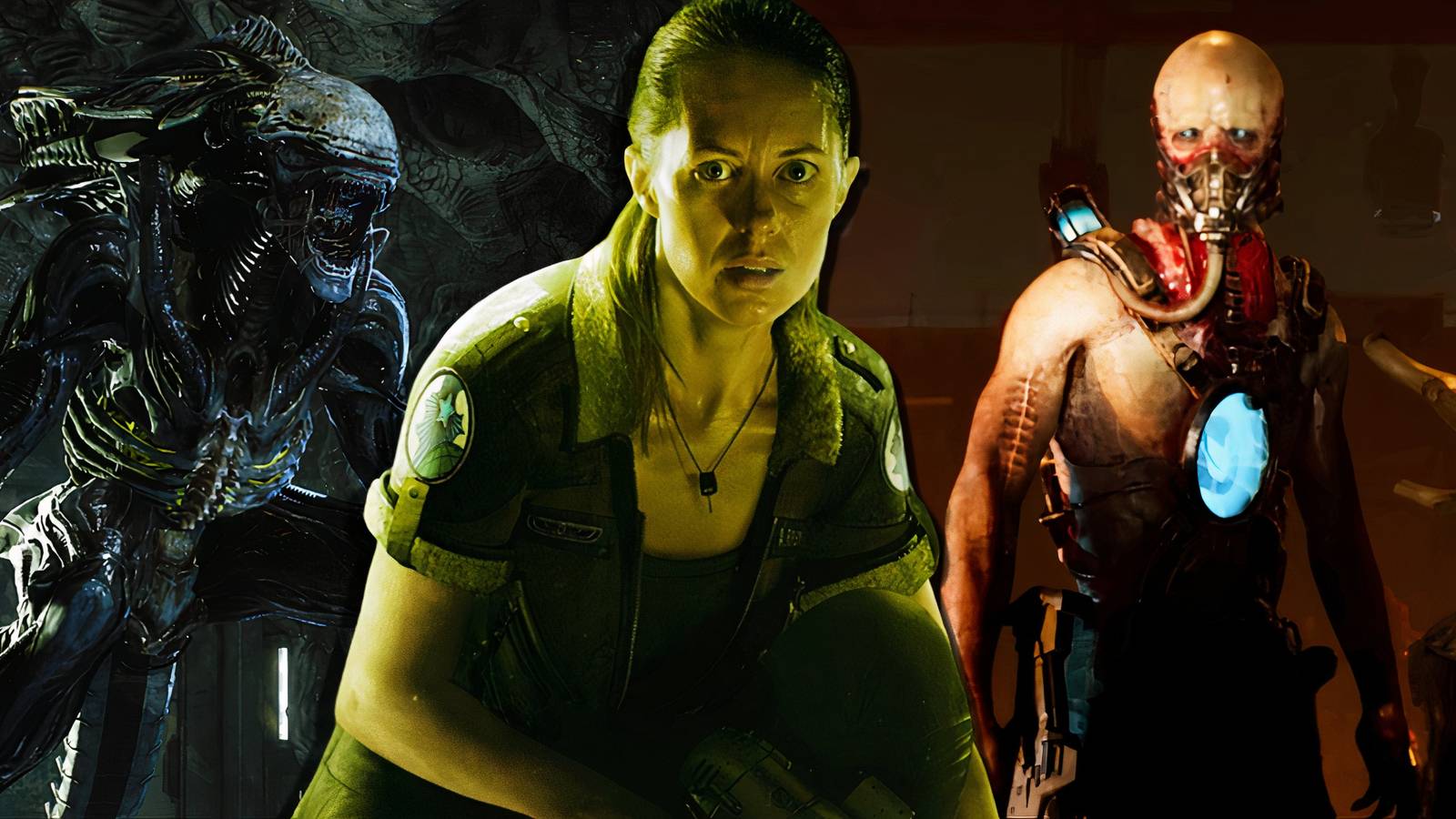 Split image of Aliens Fireteam Elite, Alien Isolation, and Aliens Dark Descent