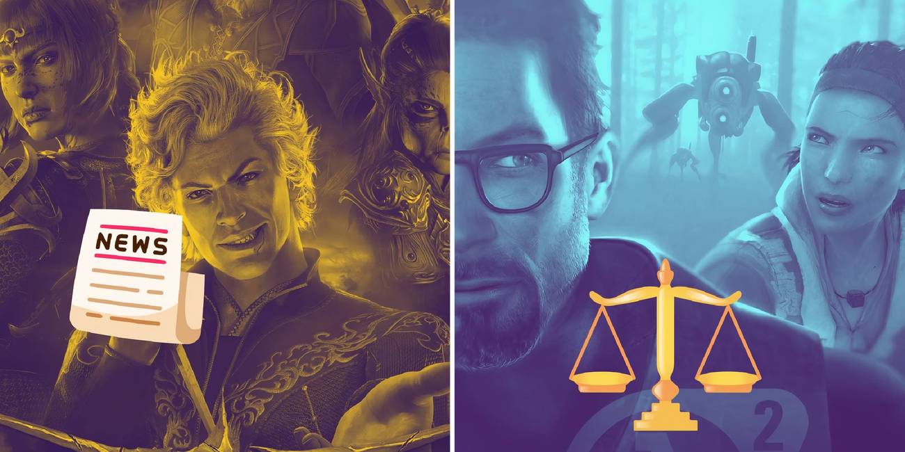Split Image of Baldur's gate 3 game cover and Half Life 2 Episode 2 game cover with news emoji and weight scales emoji