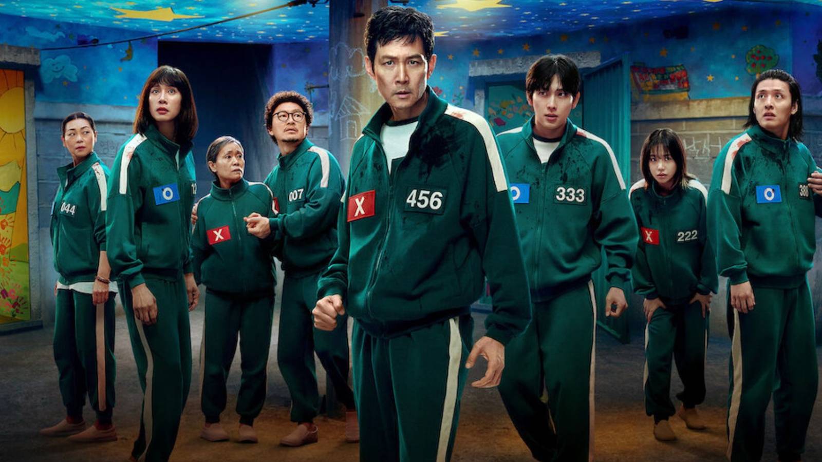 Promotional image of the main cast of Season 3 playing Hide and Seek - Squid Game