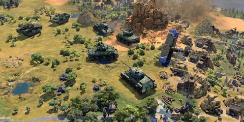 Tanks and planes move through a war-torn industrial battlefield in civilization 7
