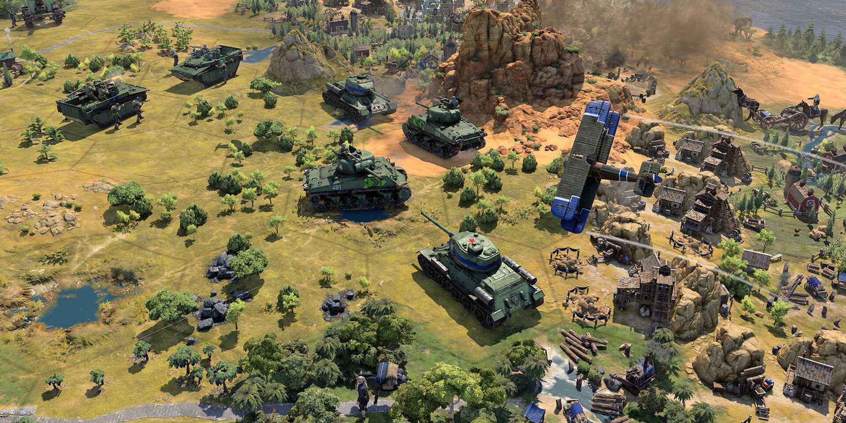 Tanks and planes move through a war-torn industrial battlefield in civilization 7
