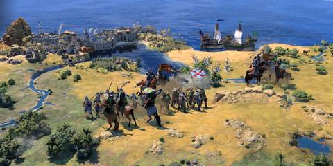 Cavalry and infantry clash near a fortified coastal city in Civilization 7