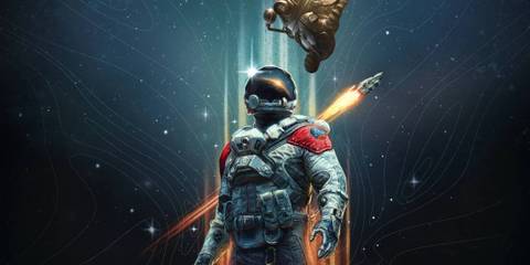 A power armor helmet from Fallout 76 peeking down at the astronaut from Starfield's cover art