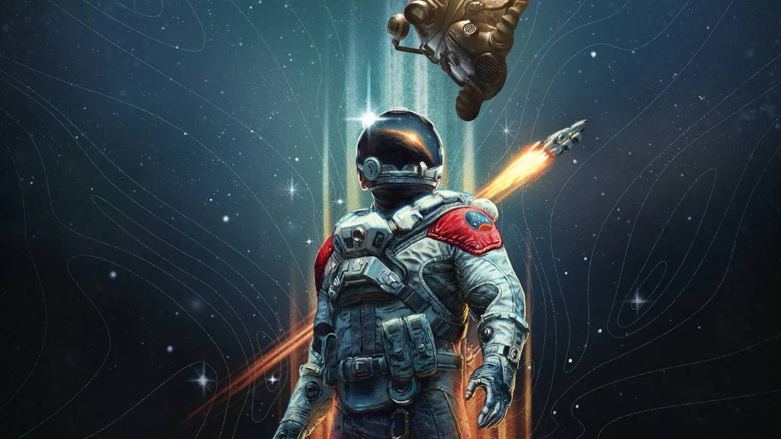 A power armor helmet from Fallout 76 peeking down at the astronaut from Starfield's cover art