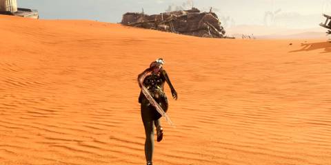 Stellar Blade EVE making her way toward the turret 