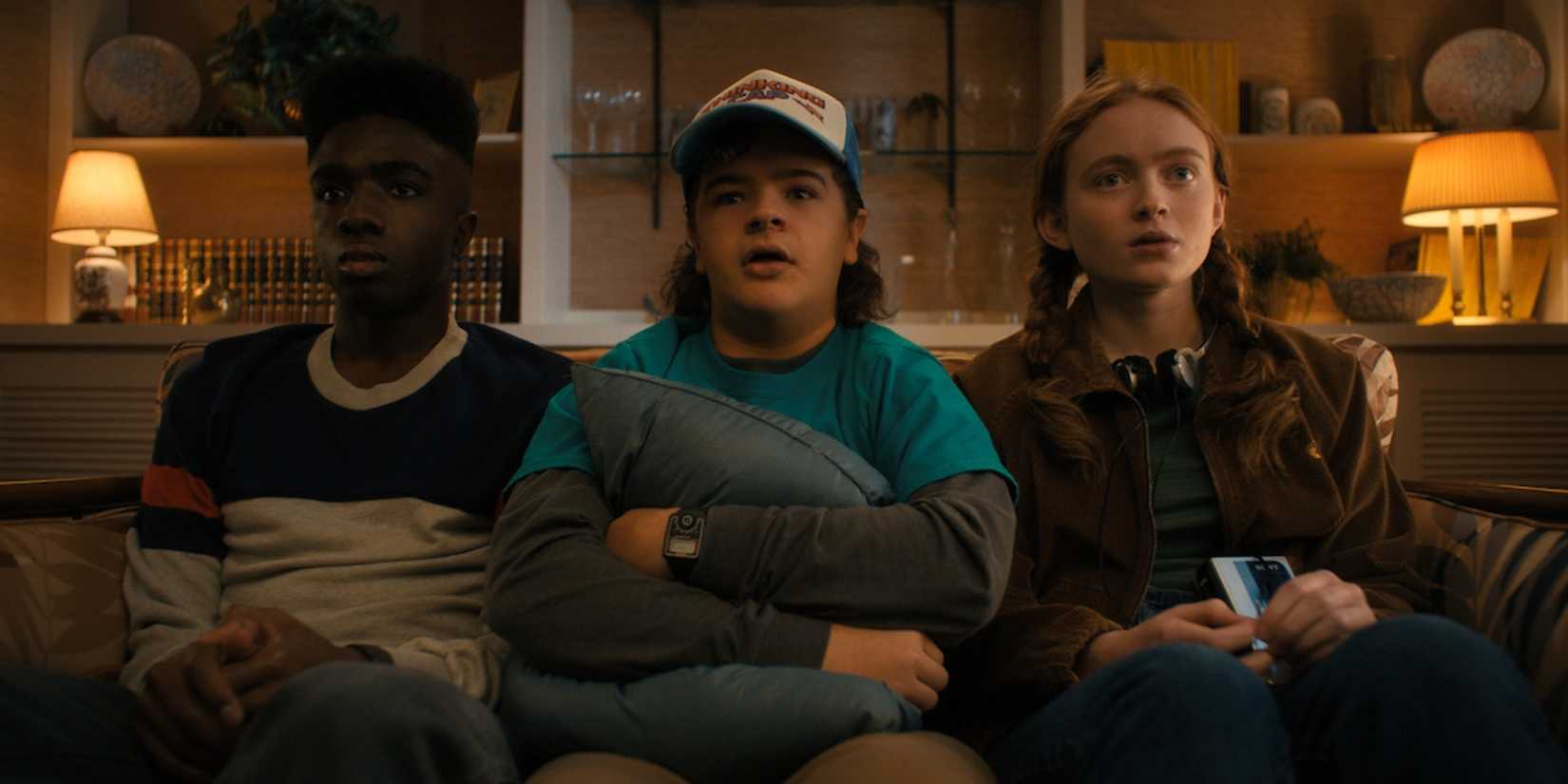 Lucas (Caleb McLaughlin), Dustin (Gaten Matarazzo), and Max (Sadie Sink) on Stranger Things