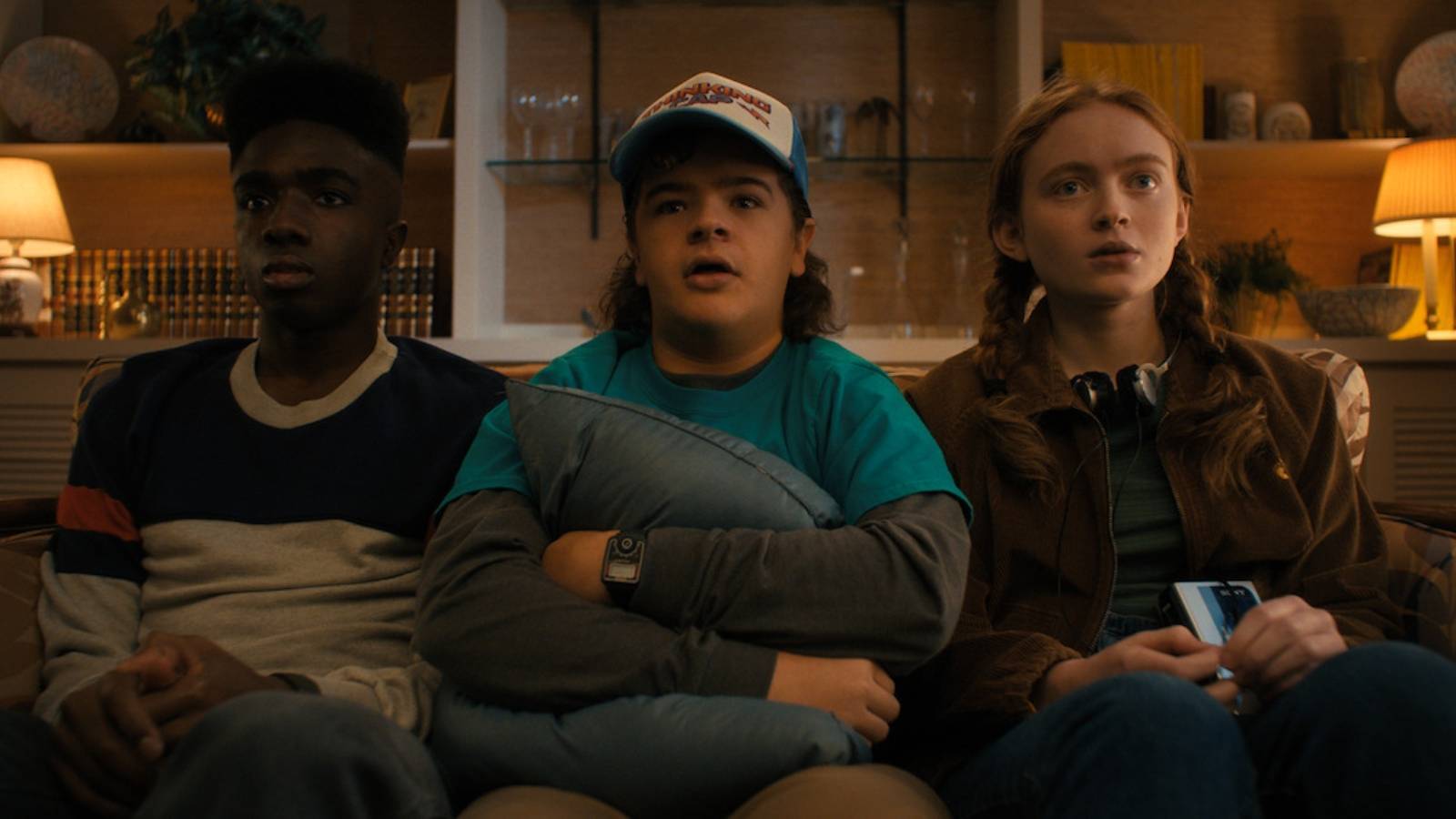 Lucas (Caleb McLaughlin), Dustin (Gaten Matarazzo), and Max (Sadie Sink) on Stranger Things