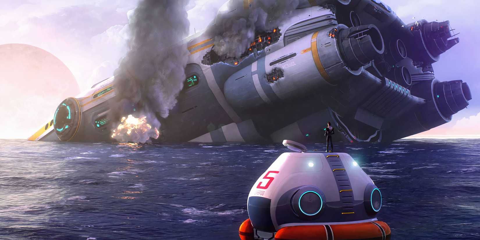 The protagonist looking at the Aurora in Subnautica