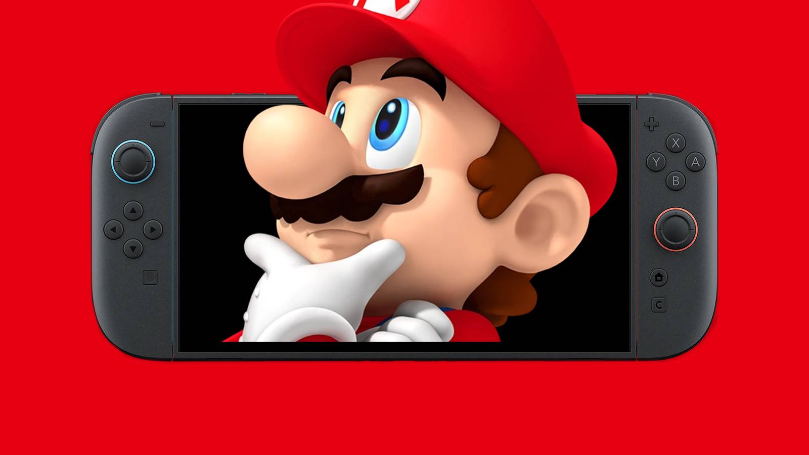 Super Mario thinking while emerging from Nintendo Switch 2