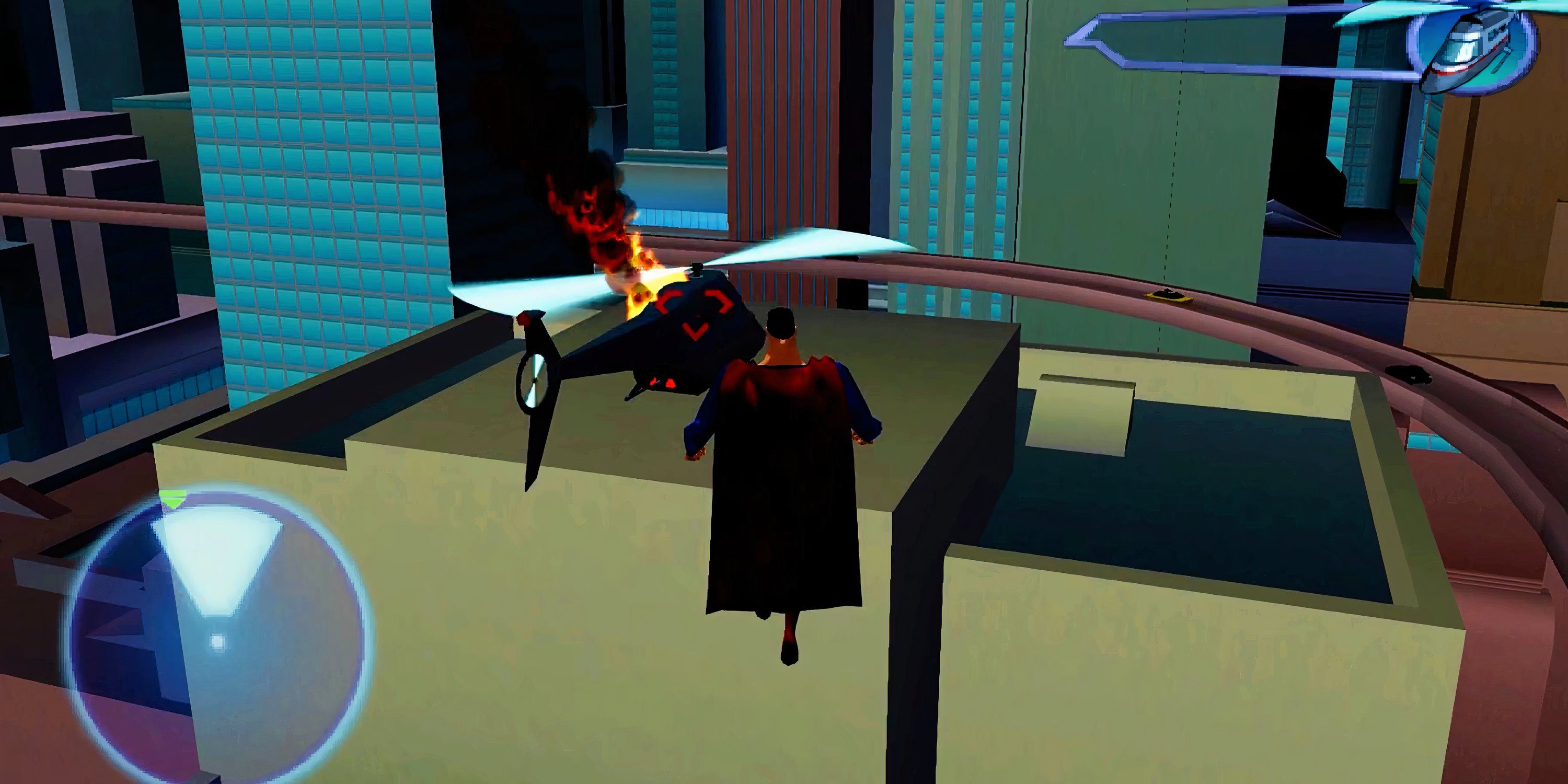 Superman chasing a helicopter in Superman: Shadow Of Apokolips