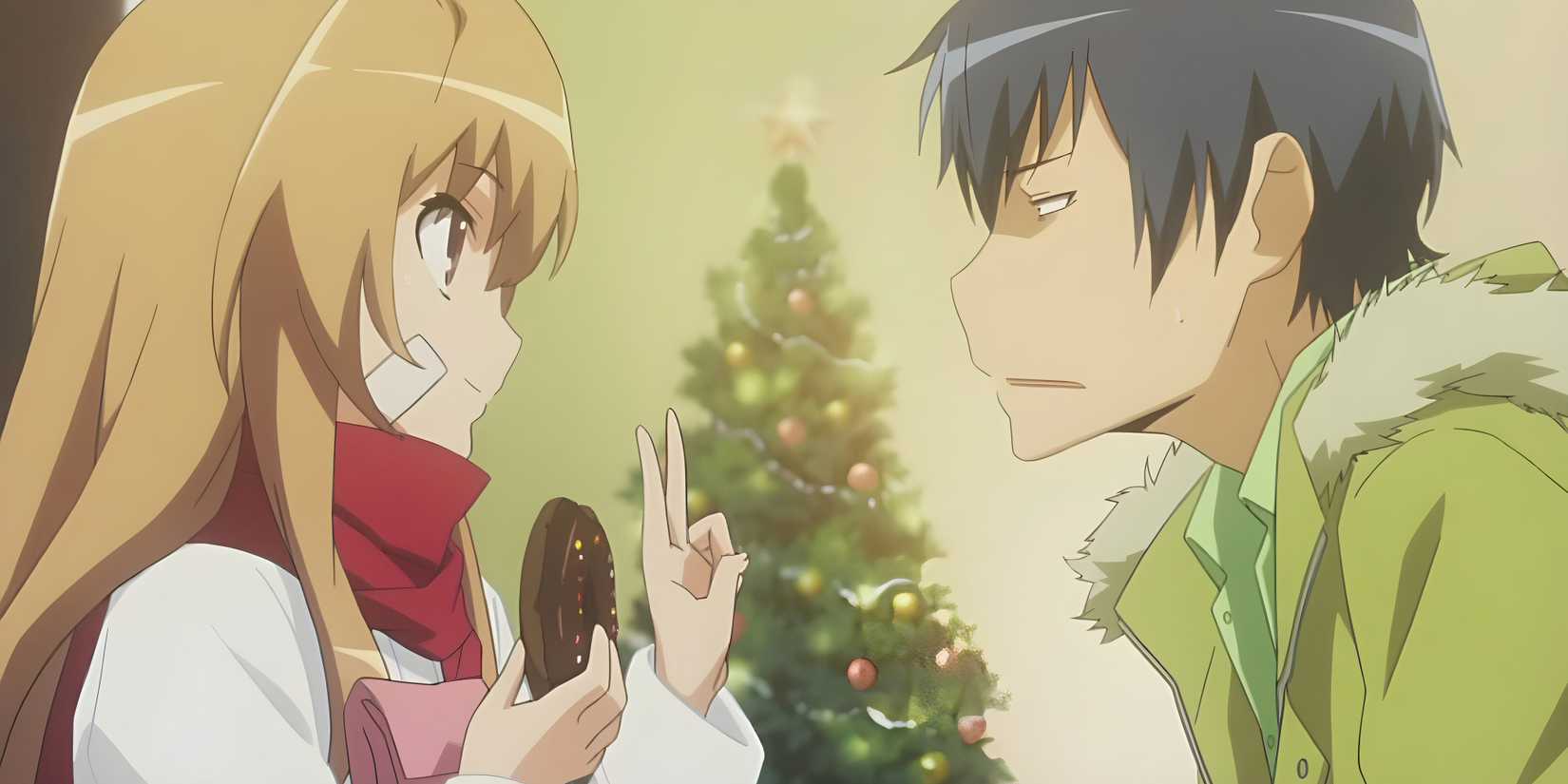 Taiga and Ryuji in Toradora! standing in front of a christmas tree.