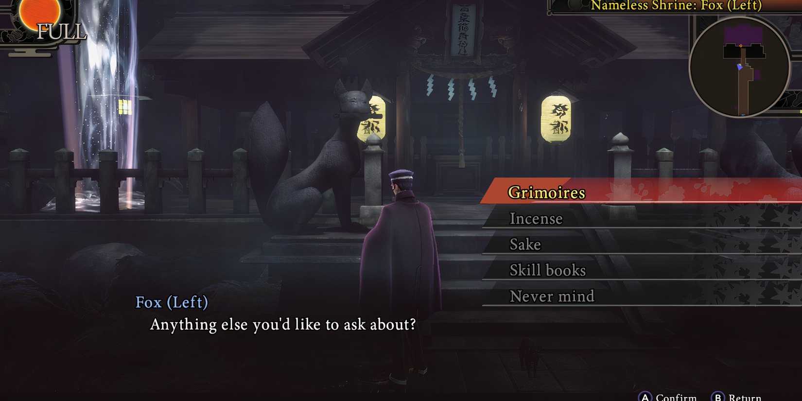 Talking to a fox statue in Raidou Remastered The Mystery of the Soulless Army