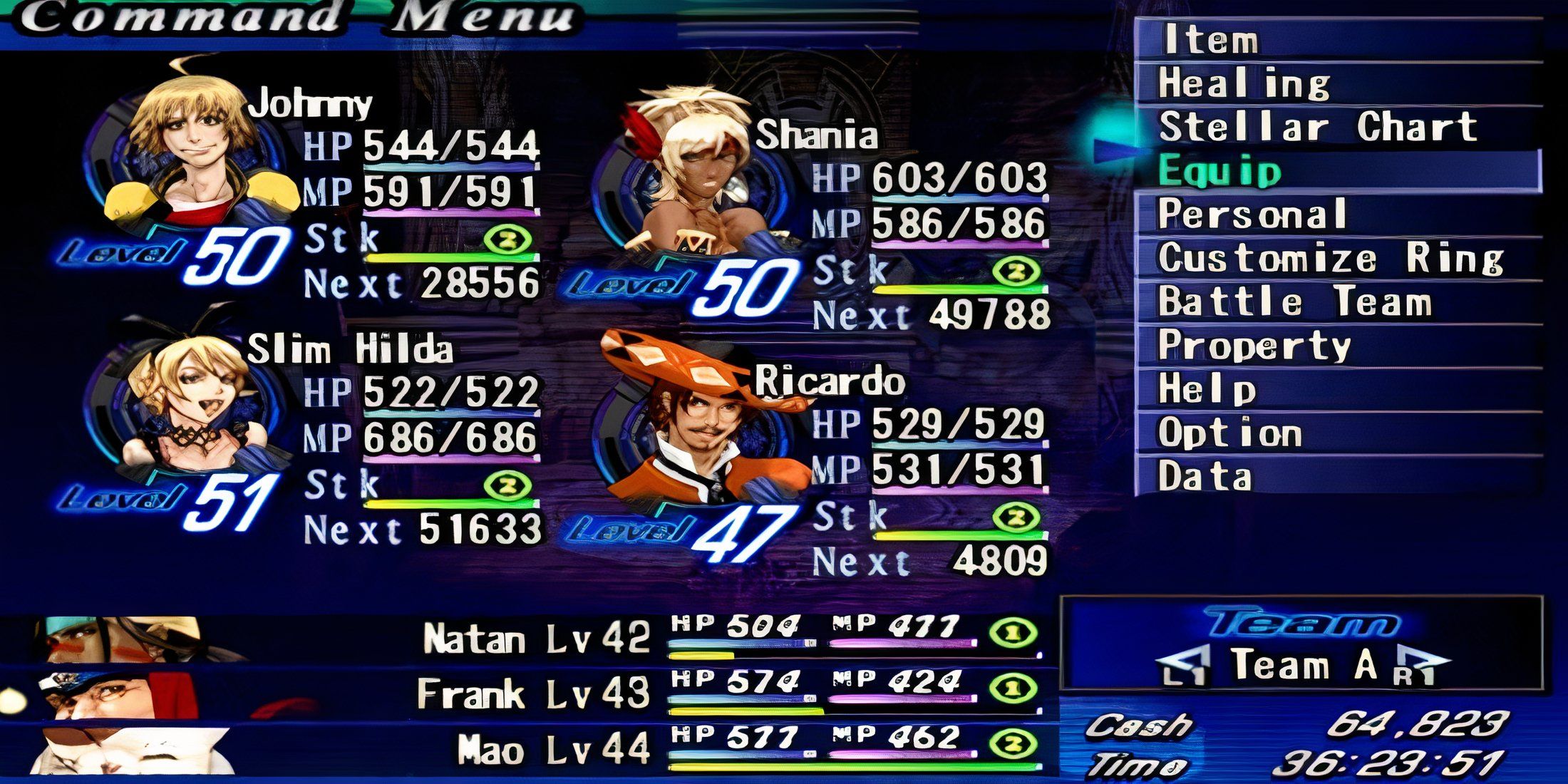 The character menu in Shadow Hearts From The New World