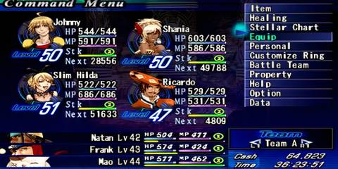 The character menu in Shadow Hearts From The New World