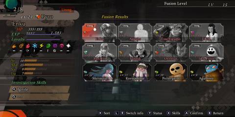 The fusion menu in Raidou Remastered The Mystery of the Soulless Army