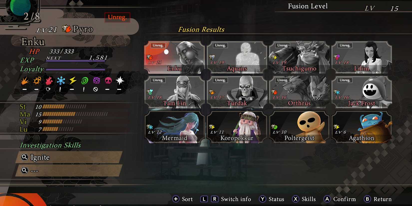 The fusion menu in Raidou Remastered The Mystery of the Soulless Army