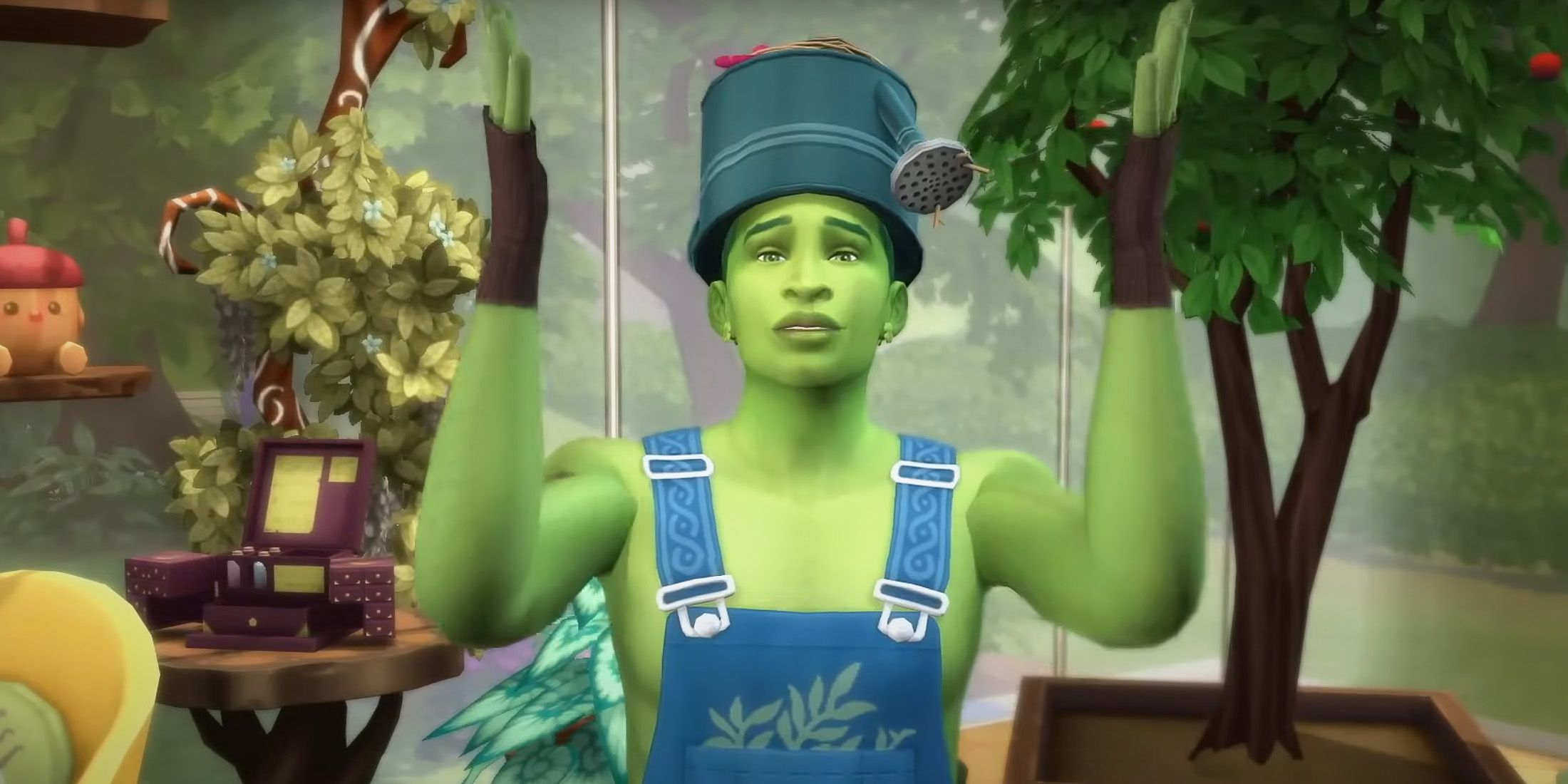 The Sims 4 Enchanted by Nature Expansion Pack green guy with watering can on his head