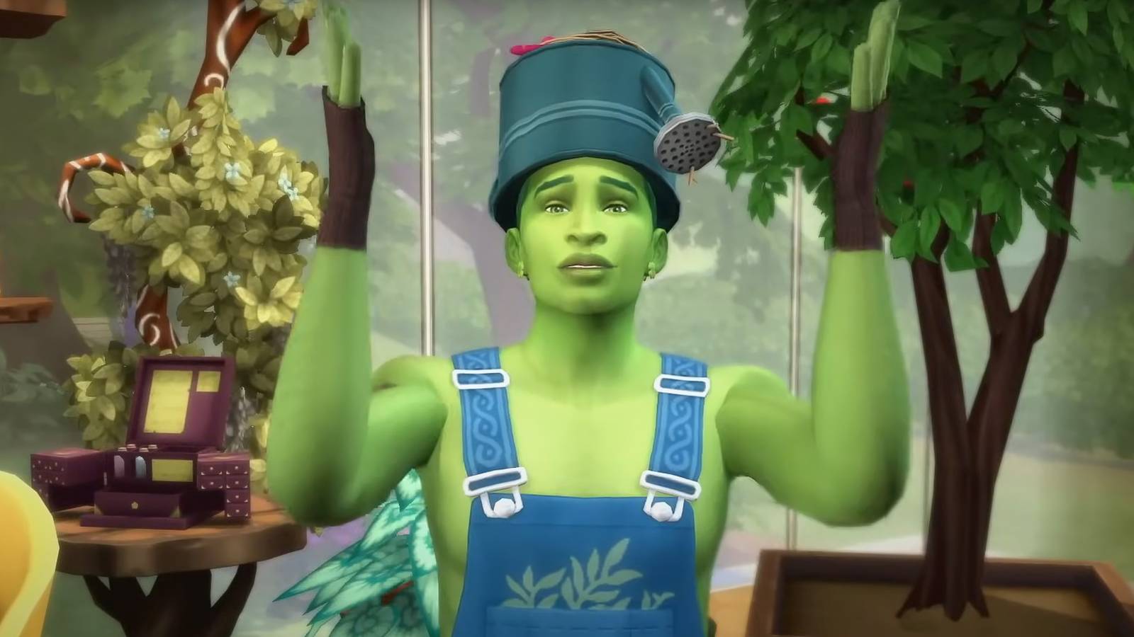 The Sims 4 Enchanted by Nature Expansion Pack green guy with watering can on his head