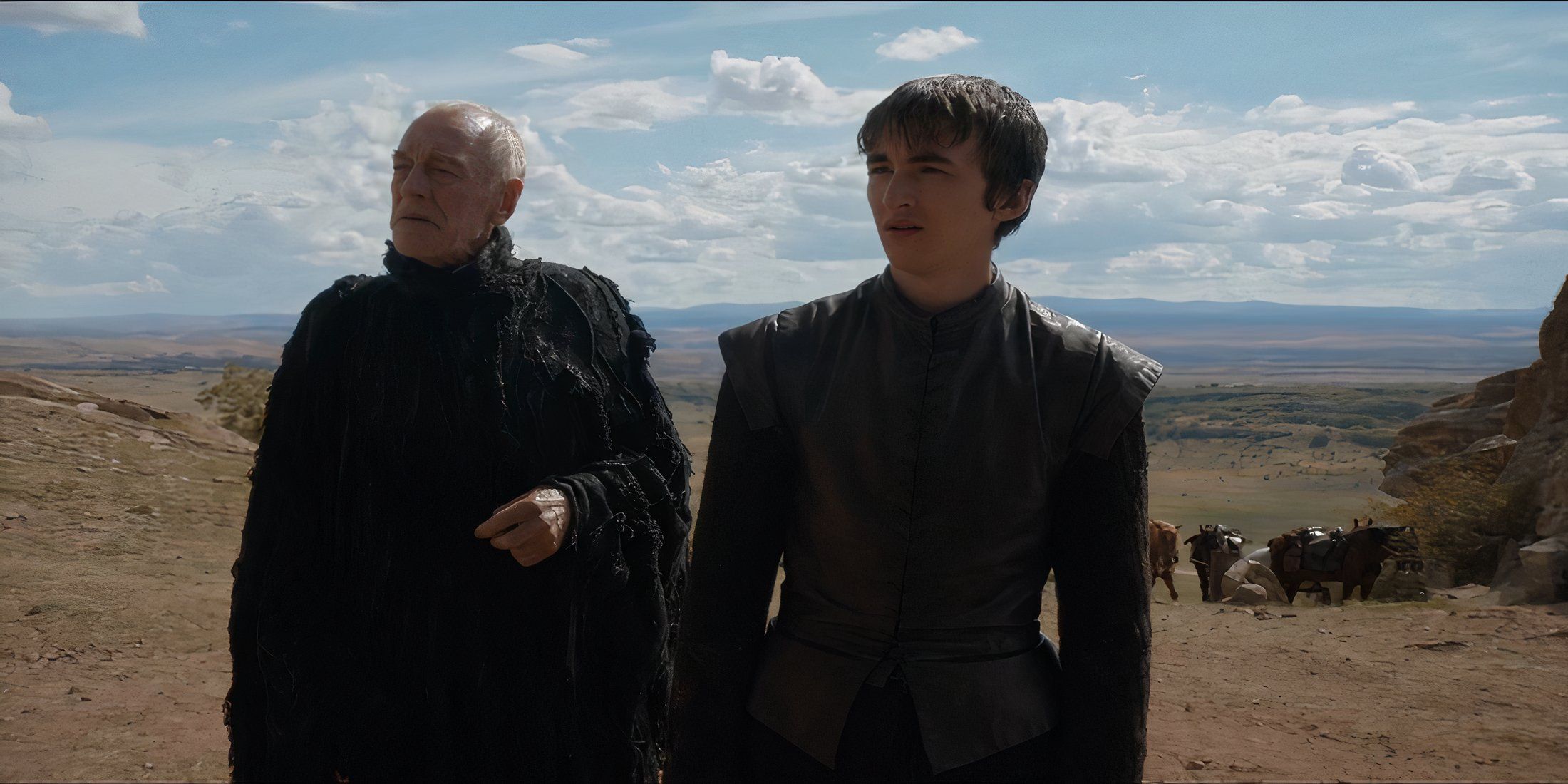 The Three-Eyed Raven and Bran Stark watching Ned Stark facing off against Arthur Dayne outside the Tower of Joy in Game of Thrones
