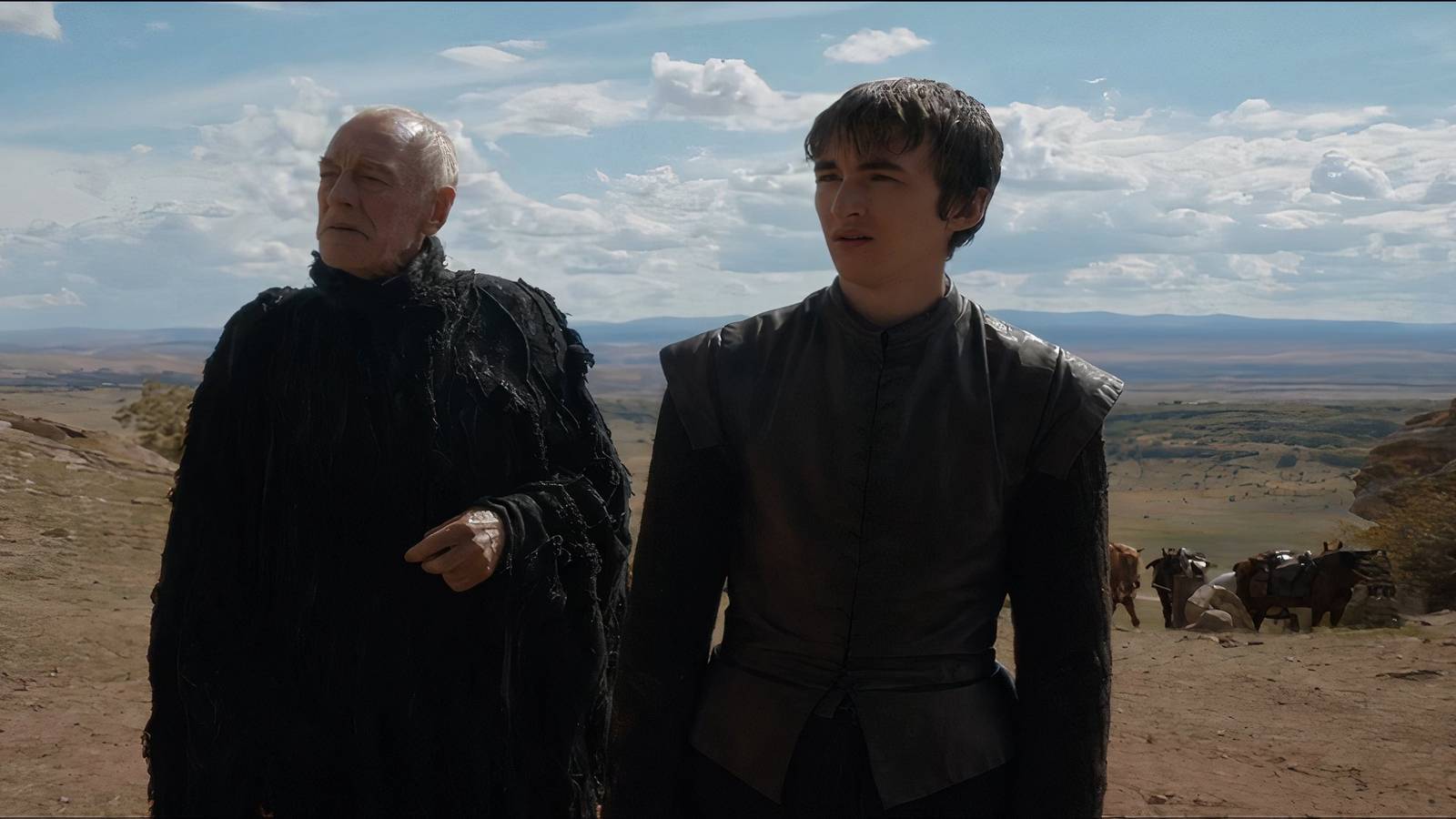 The Three-Eyed Raven and Bran Stark watching Ned Stark facing off against Arthur Dayne outside the Tower of Joy in Game of Thrones