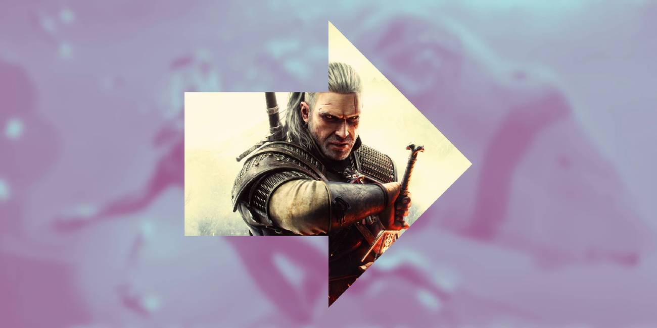 The Witcher 3 Geralt in an arrow frame with a blurred pink background of Subnautica game cover