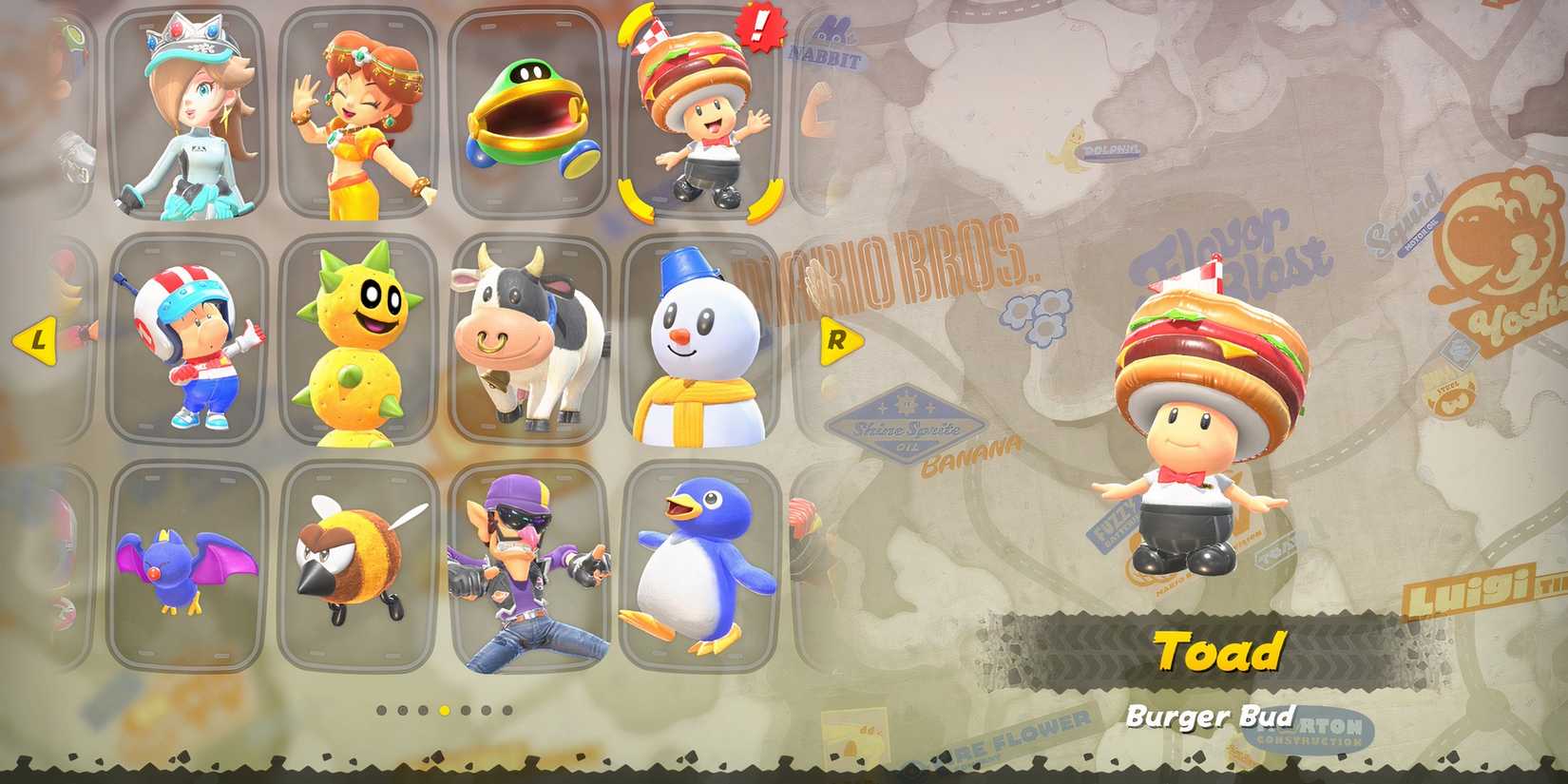 Toad in Mario Kart World’s character select screen