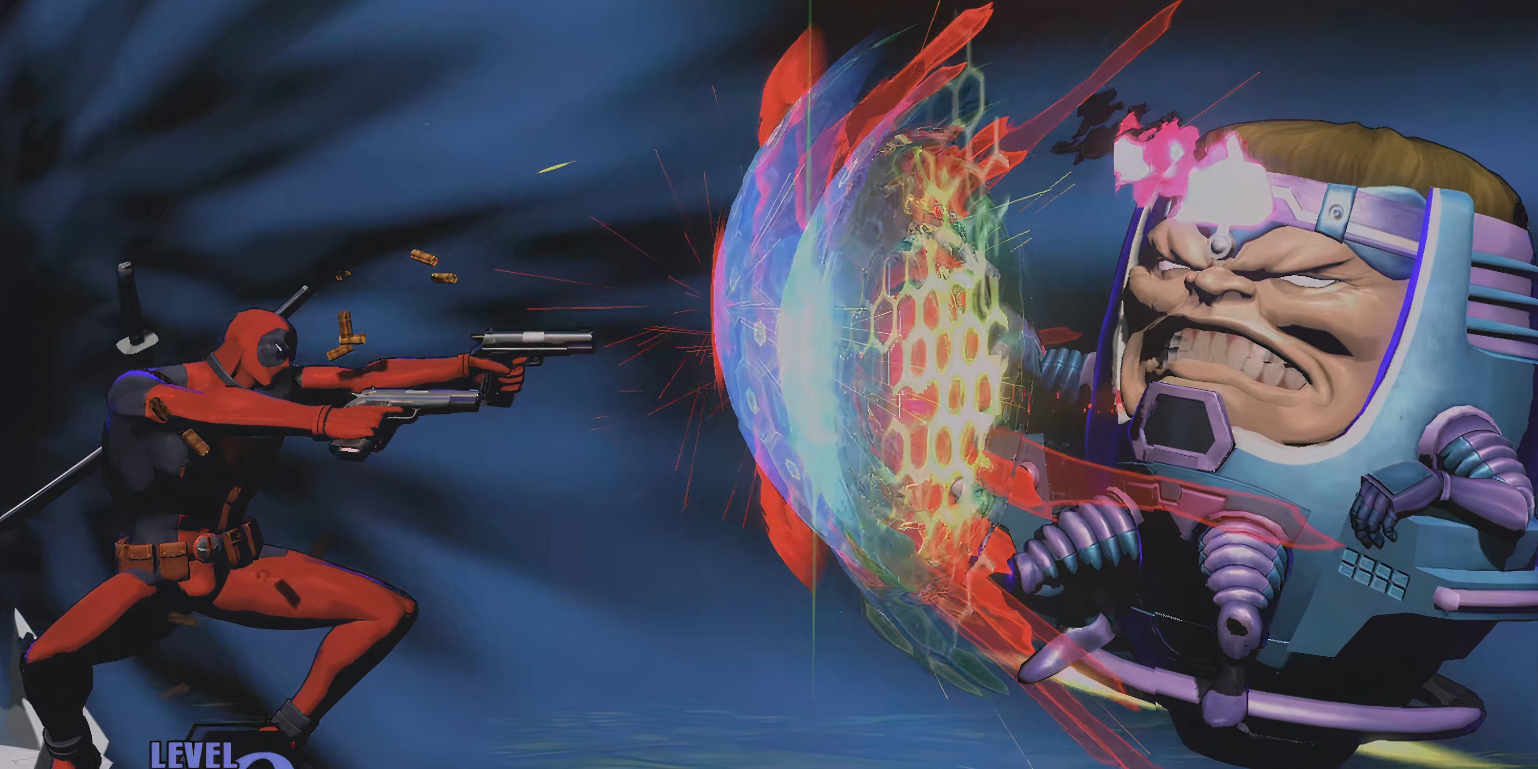 Deadpool fighting MODOK in Ultimate Marvel Vs. Capcom 3